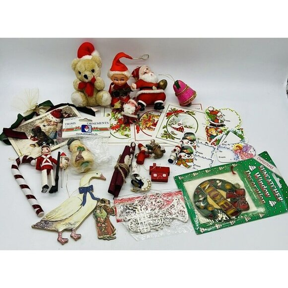 Other - Vintage Christmas Crafters Lot Miniatures Flocked Postcard Ornament Santa Elf 1
